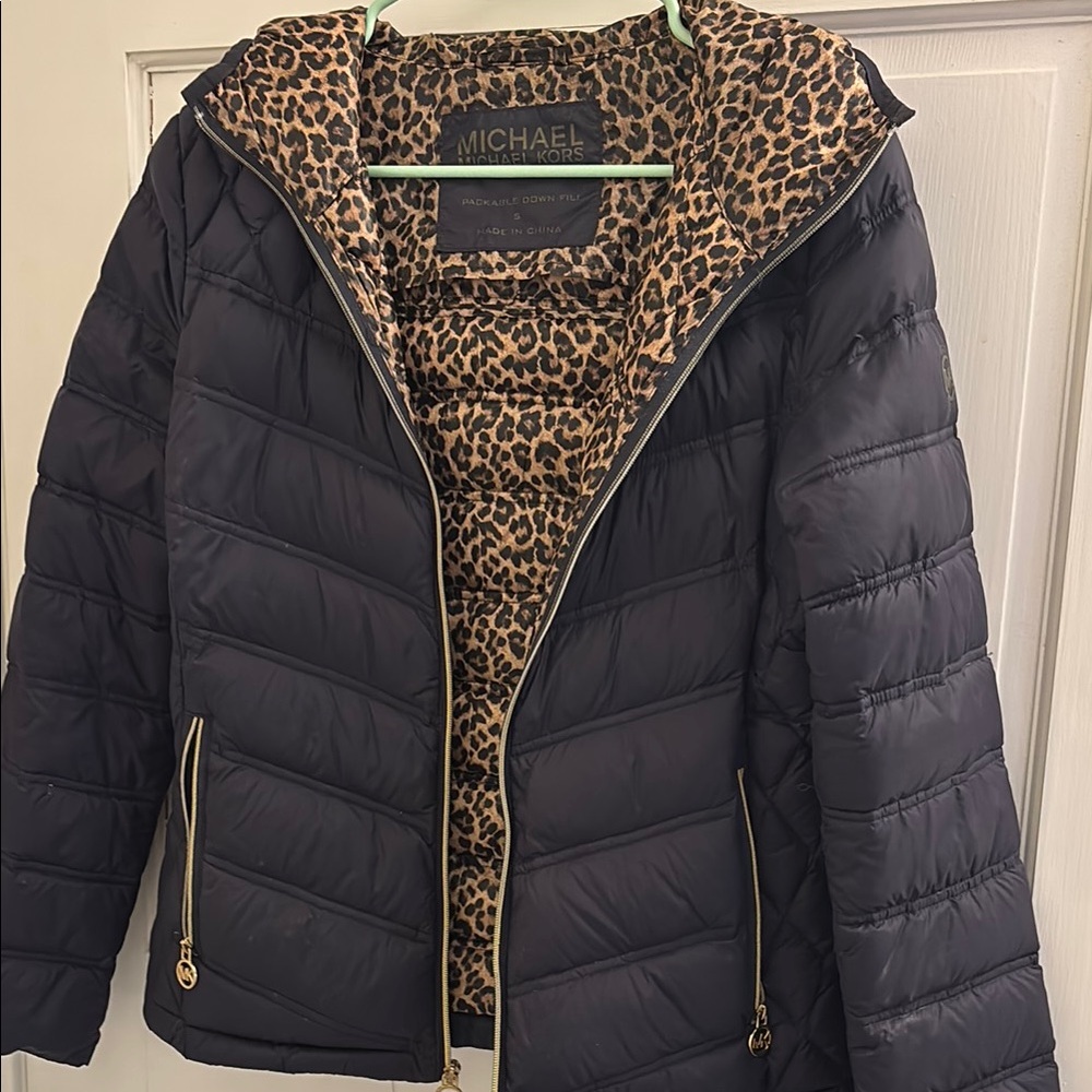 Michael Kors Black Puffer Jacket with Leopard Lining
